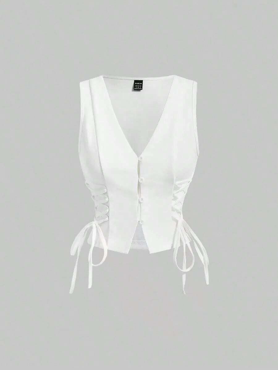 Parte superior de tirantes cruzados con botones de color rojo para mujer, ideal para el verano - Blanco - Ver 1