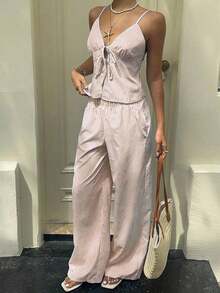 Conjunto informal de 2 piezas con top de tirantes con nudo delantero y rayas y pantalones para mujer - Rosa vieja - Ver 3