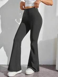 Pantalones con cintura alta de color liso y corte acampanado - Gris Oscuro - Ver 4