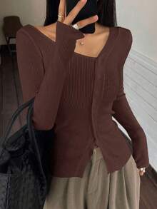 Blusa casual de mujer de punto acanalado con botones y manga corta - Marrón Chocolate - Ver 3
