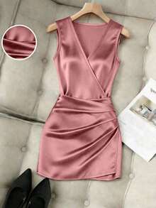 Vestido ajustado con cuello en V sin mangas, cintura plisada e irregular, vestido de satén para mujer, vestido de primavera/verano para mujer, vestido elegante de fiesta para mujer, atuendo de vacaciones para mujer, atuendo del Día de San Valentí - Rosa - Ver 6