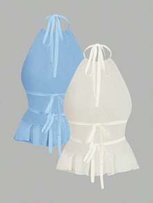 Top de mujer con cuello de halter, espalda descubierta y pliegues de unicolor y sexy - Multicolor 6 - Ver 2