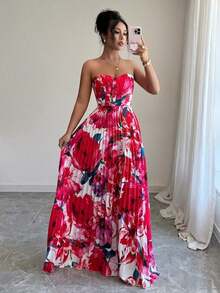 Vestido con estampado de lunares, plisado y recogido en la cintura, sin tirantes - Rojo - Ver 1
