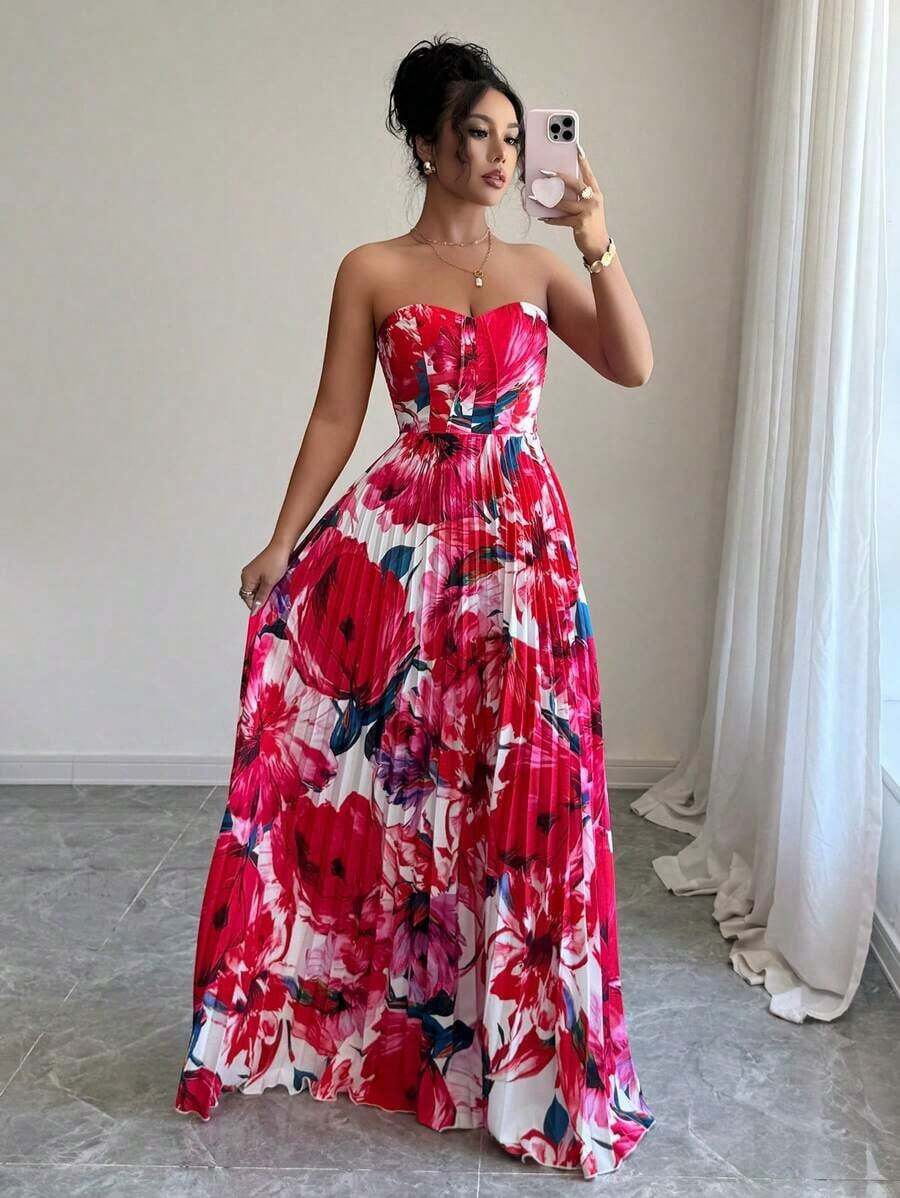 Vestido con estampado de lunares, plisado y recogido en la cintura, sin tirantes - Rojo - Ver 1