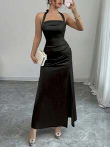 Vestido camisero elegante de color champagne, con tela de satén elástica y abertura lateral de largo maxi - Negro - Ver 7