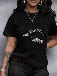 Camiseta para Mujer Estampado Floral y diseño floral caña de pescar, pez y texto, camiseta de manga corta de cuello redondo suave, cuello, camiseta casual de manga corta y cuello redondo, en estilo elegante casual, moda urbana, Vintage Estampado, disponible en Talla Grande Estampado, ideal para Uso Casual, diario casual, cómodo camiseta, cómoda suave, cómodas y Transpirable Lavable a Máquina - Negro - Ver 6
