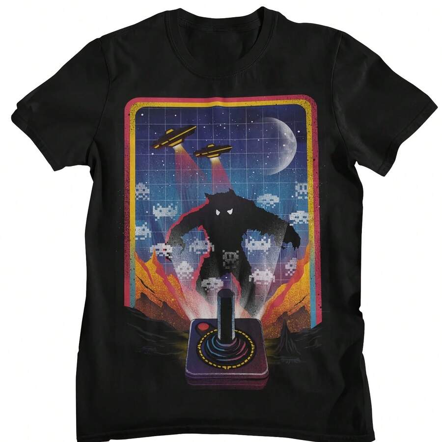 Camiseta gráfica Retro Space Invaders Monster Joystick, camiseta de algodón estilo streetwear con diseño de juego arcade de los años 80 para fanáticos de los juegos retro - forma - Ver 1