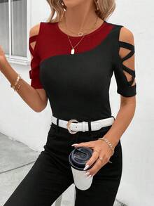 Camiseta Para Mujer Con Cuello Redondo Y Recortes En Contraste De Color - Burdeos - Ver 4