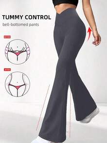 Pantalones acampanados con cintura cruzada para mujer, pantalones deportivos y de yoga de unicolor de poliéster de alta elasticidad, pantalones casuales largos con cintura cruzada, mallas ajustadas de unicolor para entrenamiento, pantalones de pierna ancha de tejido de punto adecuados para fitness y uso casual, negro, primavera - Gris Oscuro - Ver 9