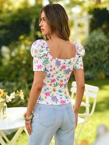 Blusa de mujer casual y elegante con estampado floral romántico y cuello en V, manga abullonada, para primavera/verano.Blusa floral de verano, blusa de primavera, blusa de manga abullonada, blusa floral, Blusa floral francesa suave del verano 2026 con cuello de corazón, manga abullonada y ajuste ceñido, blusa de manga corta linda para vacaciones, camisa delgada versátil para uso diario - Multicolor - Ver 2