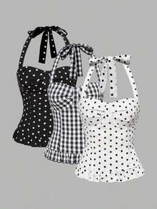 Avant Conjunto de camiseta sin espalda con cuello halter de estilo romántico de vacaciones con lunares y cuadros para mujer - Multicolor - Ver 1