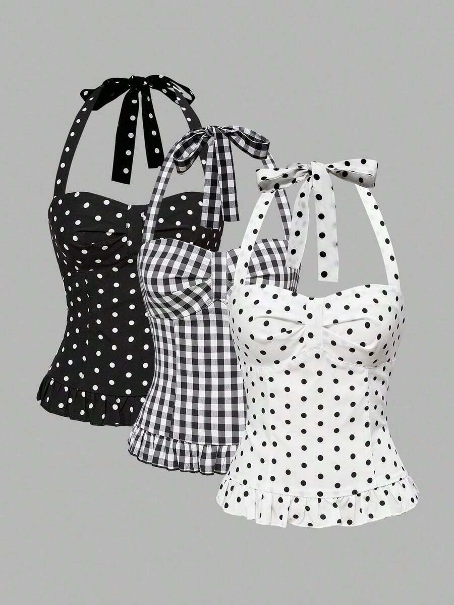 Avant Conjunto de camiseta sin espalda con cuello halter de estilo romántico de vacaciones con lunares y cuadros para mujer - Multicolor - Ver 1