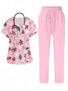PopScrub Conjunto de 2 piezas con diseño de bolsillo con oreja, estampado de gato y planta de dibujos animados, de cuello en V y manga corta, uniforme de enfermera de primavera/verano, pantalón casual de color azul claro, conjunto de uniforme de enfermera, adecuado para amantes de los gatos - Multicolor 4 - Ver 9