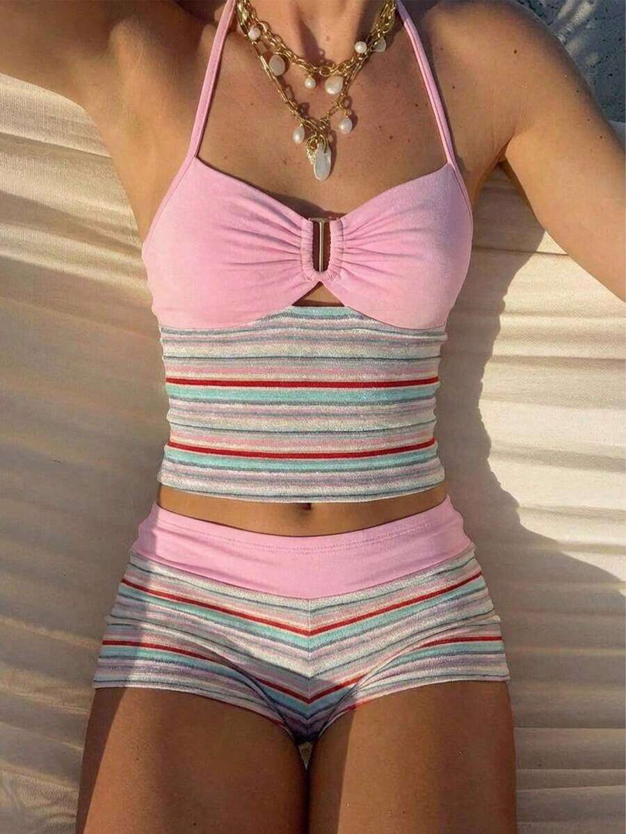 2 piezas Conjunto de camiseta de tirantes y pantalones cortos de punto a rayas con hebilla de metal, estilo casual de vacaciones, adecuado para fiesta, San Valentín, cita, discoteca, bohemio, vacaciones, otoño, ropa de mujer, vintage, días fest - Multicolor 4 - Ver 1