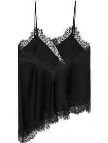 Camiseta de tirantes de mujer con parches de encaje y bajo asimétrico, versátil para citas y fiestas, de verano - Negro - Ver 2