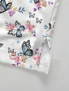 Conjunto de 2 piezas con top de manga corta con cuello en V blanco con bolsillo y diseño de oreja colgante, estampado de mariposa y flores, y pantalón recto para mujer, uniforme de enfermera de primavera/verano, conjunto casual, uniforme - Multicolor 5 - Ver 3