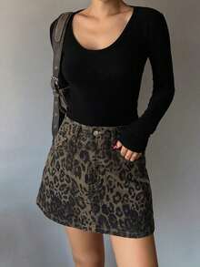 Falda vaquera casual con botones delanteros y bolsillos con estampado de leopardo - Marrón 6 - Ver 5