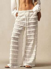 Ropa de abrigo de estilo bohemio para otoño/invierno, pantalones anchos de cintura alta con volantes de encaje de unicolor de estilo casual de vacaciones para mujeres, casual para playa, vacaciones, estilo country occidental, conciertos, adecuado para vacaciones, uso diario, regreso a la escuela, Halloween, Navidad - Blanco - Ver 9