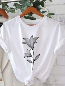 Camiseta de manga corta con cuello redondo casual de talla grande con estampado gráfico de lirio para verano y primavera, ropa de mujer - Blanco - Ver 2