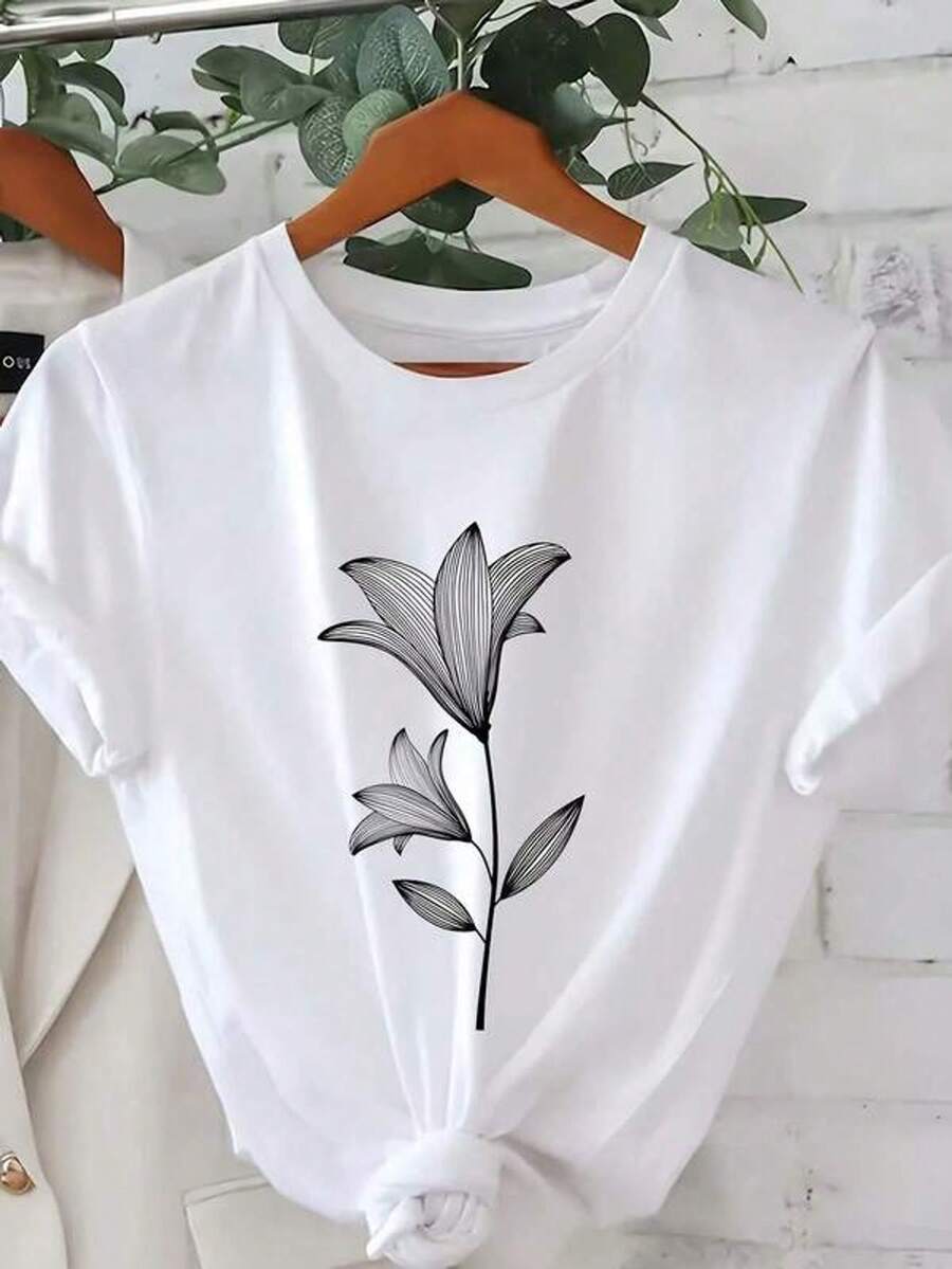 Camiseta de manga corta con cuello redondo casual de talla grande con estampado gráfico de lirio para verano y primavera, ropa de mujer