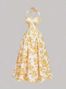 Vestido largo con estampado floral romántico con escote de cuello alto, para el Día de San Valentín, vestido de primavera, atuendo para brunch, atuendo para fiesta del té, atuendo para vacaciones en la playa, vestido floral para mujer, vestido v - Amarillo - Ver 5