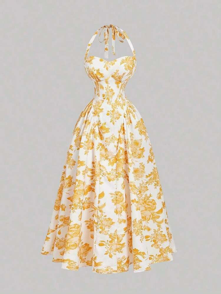 Vestido largo con estampado floral romántico con escote de cuello alto, para el Día de San Valentín, vestido de primavera, atuendo para brunch, atuendo para fiesta del té, atuendo para vacaciones en la playa, vestido floral para mujer, vestido v - Amarillo - Añade 5