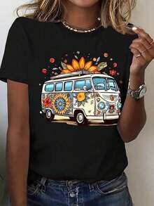 Camiseta de Moda para Mujer con Cuello Redondo, Camiseta Vintage con Estampado Floral de Autobús, Top Casual Transpirable y Versátil, Ropa de Verano, Ropa de Vacaciones para Mujer, Ropa de Primavera para Mujer, Tops de Verano, Ropa para el Día de San Patricio, Ropa de Pascua para Mujer, Adecuada para primavera, verano y otoño. - Negro - Ver 1