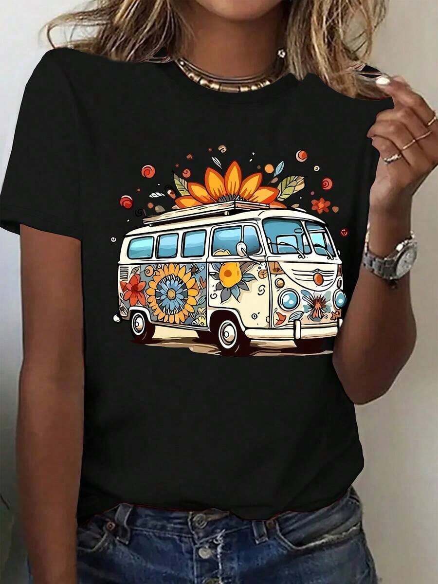Camiseta de Moda para Mujer con Cuello Redondo, Camiseta Vintage con Estampado Floral de Autobús, Top Casual Transpirable y Versátil, Ropa de Verano, Ropa de Vacaciones para Mujer, Ropa de Primavera para Mujer, Tops de Verano, Ropa para el Día de San Patricio, Ropa de Pascua para Mujer, Adecuada para primavera, verano y otoño. - Negro - Ver 1