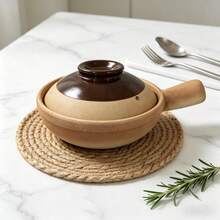 1pc Retro Clay Casserole Pot With Woven Mat, High Temperature Resistant Earthenware Stew Pot With Handle & Lid, Healthy Non-Stick Terracotta Cooking Pot For Soup, Rice, Stew, Kitchen Cookware For Home & Camping - View 1