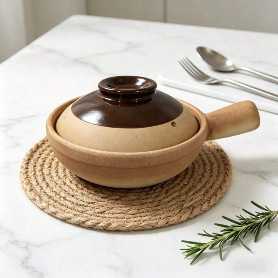 1pc Retro Clay Casserole Pot With Woven Mat, High Temperature Resistant Earthenware Stew Pot With Handle & Lid, Healthy Non-Stick Terracotta Cooking Pot For Soup, Rice, Stew, Kitchen Cookware For Home & Camping - View 1