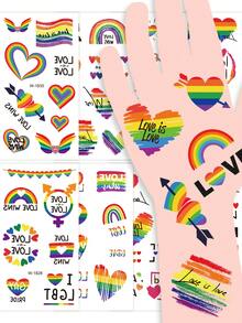 8张LGBTQ+骄傲主题临时纹身贴纸，包含鲜艳的彩虹心形图案、“爱赢了”和“为爱骄傲”标语贴纸，防水持久自粘，色彩缤纷，适用于骄傲月游行、LGBTQ+活动、锐舞派对、派对和演唱会等场合，也可作为DIY面部和身体彩妆配件。 - 彩色 - 查看 2