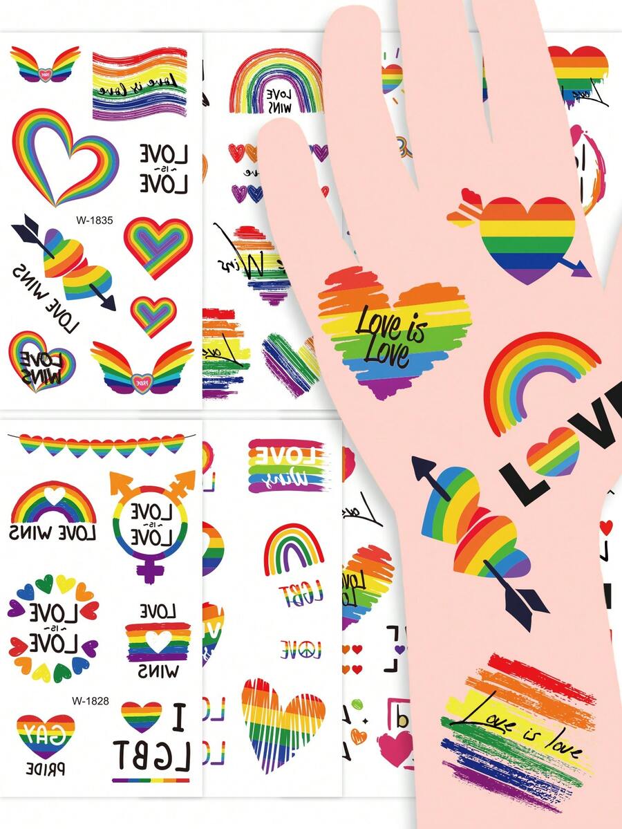 8张LGBTQ+骄傲主题临时纹身贴纸，包含鲜艳的彩虹心形图案、“爱赢了”和“为爱骄傲”标语贴纸，防水持久自粘，色彩缤纷，适用于骄傲月游行、LGBTQ+活动、锐舞派对、派对和演唱会等场合，也可作为DIY面部和身体彩妆配件。