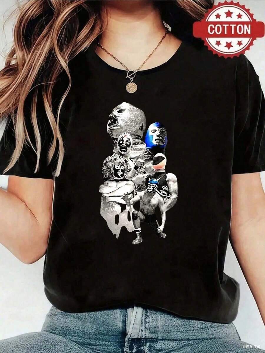 Summer1pc blusas de mujer blusas bonitas para mujeres ropa de mujer conjuntos para mujer Lucha Libre T shirt g negra y blanca de algodón patrón de impresión de luchadores impresión de alta calidad de algodón cuello redondo corte básico holgado hombres y mujeres transpirable versátil lavable a máquina transpirable cómoda talla S ~ 3XL diario casual deportes imprescindible para el verano. Camiseta de manga corta para mujer, estilo básico que combina con todo, para uso interior y exterior. - Negro - Ver 1