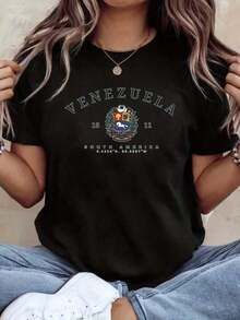 Camiseta de verano para mujer con estampado gráfico de tacos venezolanos vibrantes, talla grande, cuello redondo, manga corta, perfecta para uso diario, 220g. Camiseta de manga corta para mujer, a la moda y versátil, estilo básico para uso interior y exterior. - Negro - Ver 12