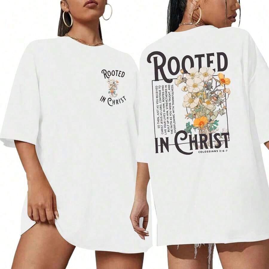 Edición Limitada Camiseta Arraigada en Cristo Camisetas Cristianas para Mujer Camiseta Oversized de Jesús con Gráficos de Versículos Bíblicos - Top Cómodo Oversized de Algodón Ligero - Blanco - Ver 1