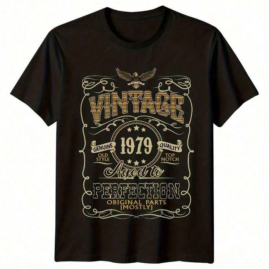 1 Piece Of Men's Vintage 1979 T-Shirt, 46th Birthday, "Aged To Perfection", All Seasons, Cotton, Single-Sided Print, Crew Neck And Short Sleeve, 180g, 100% Cotton, Designs Are Fully Printed. Unisex. - 顏色 10 - 查看 1