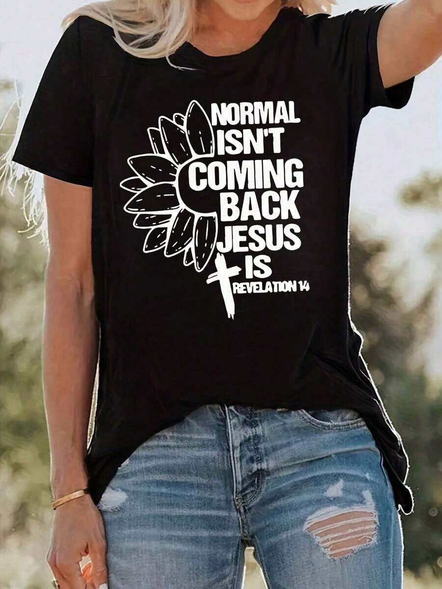 Playera de mujer 100% algodón manga corta estampado minimalista versátil para verano - Negro - Ver 1