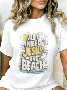 1 Piece Women's Summer T-Shirt "All I Need Is Jesus And The Beach", Christian Religious Graphic Tee, Cute And Casual For Beach Vacation, 180g 100% Cotton - 黑色 - 查看 7