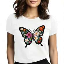 Tops para mujer Casual de Manga Corta para Mujer WXM% Algodón (Estampado de Mariposa Bordada) - s Estampadas / Tops para Mujer - Casual Blanca: para Paseos y Reuniones - Adecuada para Uso Diario - Manga Corta, Cuello Redondo, Corte Regular - El Regalo Perfecto para Cumpleaños o Fiestas - Blanco - Ver 6