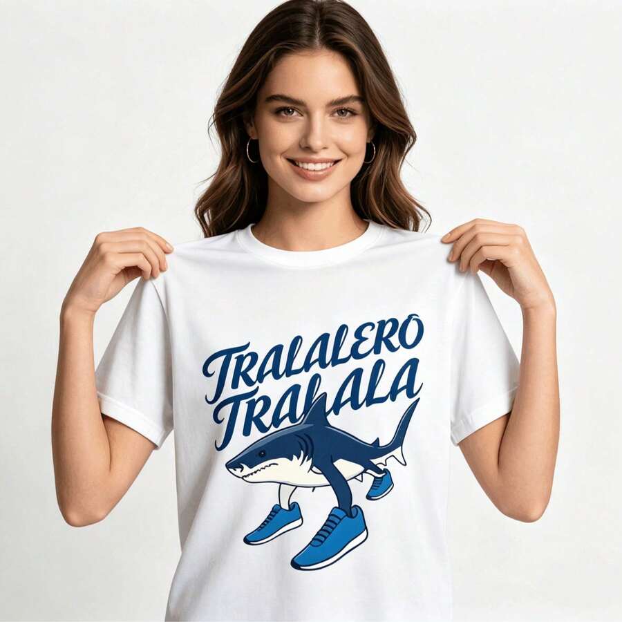 Tops para mujer de algodón blanca de manga corta y cuello redondo para mujer, con estampado de tiburón Tralalero Tralala, para moda diaria. - Blanco - Ver 1