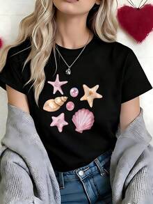Coastal Pink Seashell Starfish Pearl Graphic T-Shirt, 100% Cotton Oversized Soft Breathable Beachy Tee, Casual Crewneck Short Sleeve Top For Summer Vacations & Beach Trips - 黑色 - 查看 3