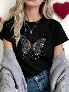 Glamorous Multicolor Rhinestone Butterfly Graphic T-Shirt, 100% Cotton Oversized Soft Breathable Sparkly Tee, Casual Crewneck Short Sleeve Top For Parties & Fashion Lovers - 黑色 - 查看 3