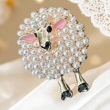 1pc Fashionable Faux Pearl Sheep Alloy Brooch, Women Jacket Clothing Accessory - Lamb Brooch - View 3