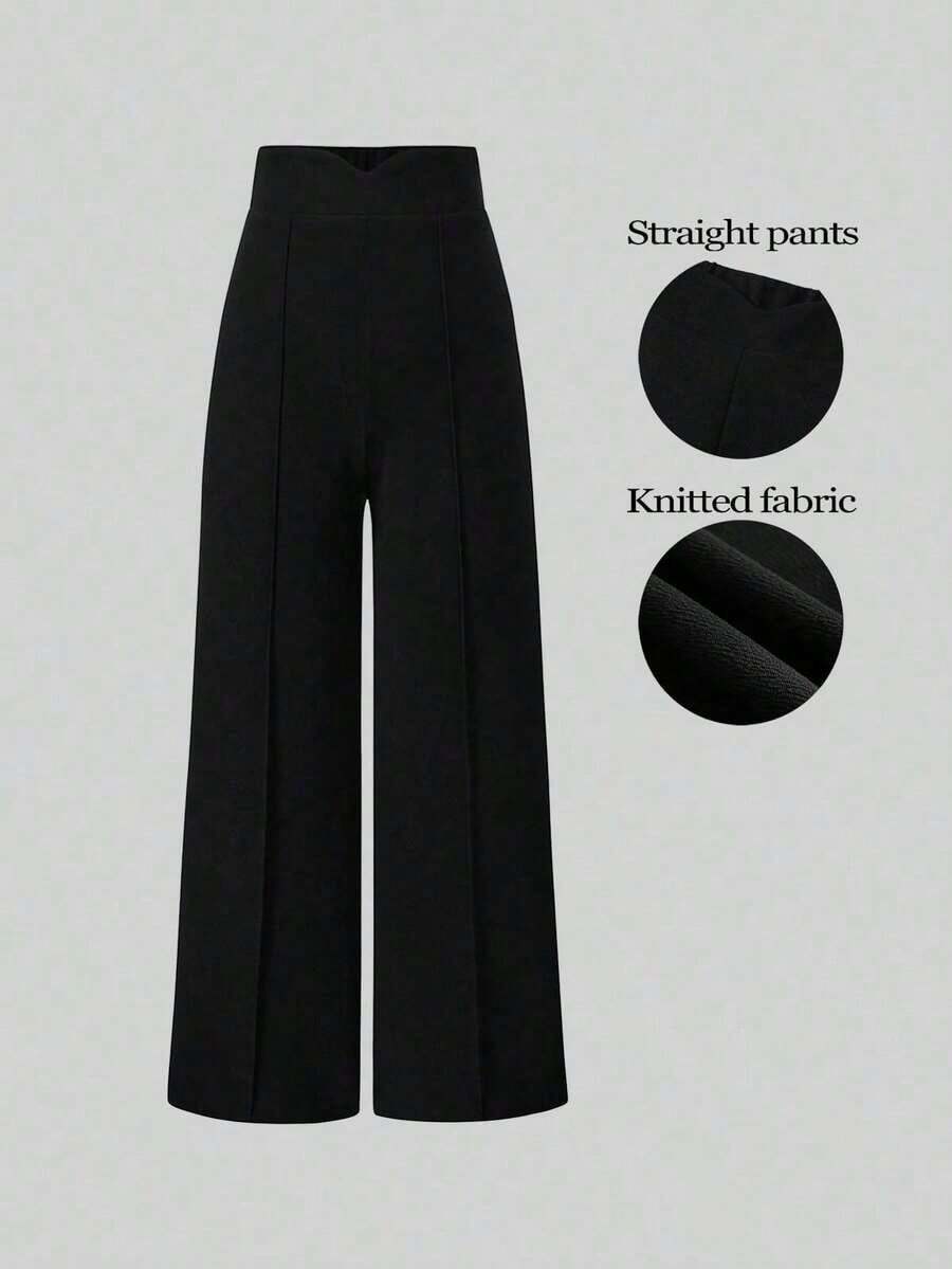 Pantalones anchos de cintura alta de unicolor de uso casual para mujeres - Negro - Ver 1