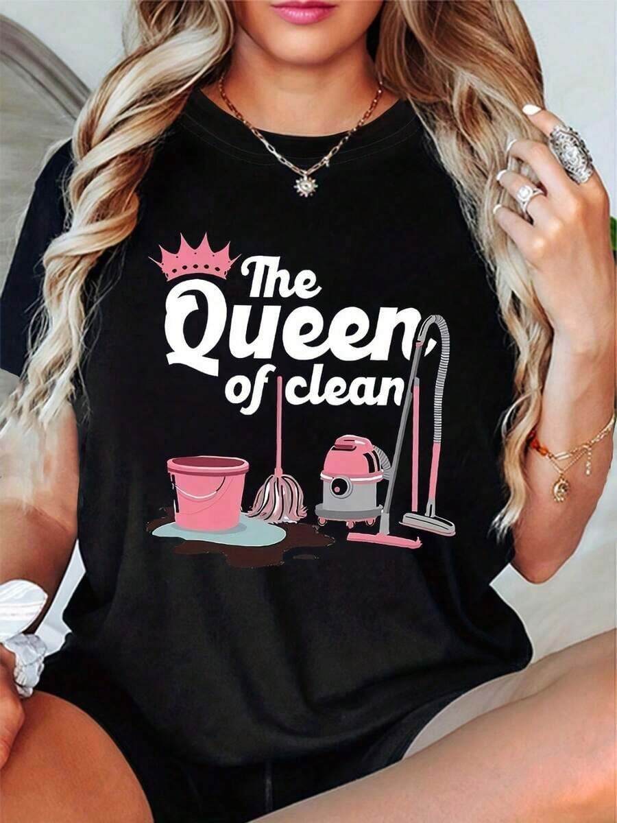 Camiseta de algodón para mujer, con estampado 'La Reina de la Limpieza' con corona rosa, diseño de herramientas de limpieza, cuello redondo informal, suave y transpirable para el verano, perfecta para el uso diario de entusiastas de la limpieza. 100% algodón. - Negro - Ver 1