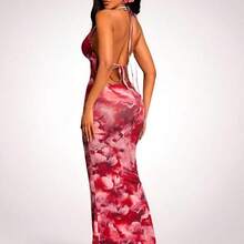 Sexy Watercolor Floral Print Dress With Backless Cutout Detail, Suitable For Dates, Gatherings, Birthday Parties, Holidays, Beach Vacations, Spring/Summer,Summer Dresses For Women - Marrón - Ver 3