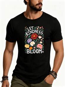Men's Casual T-Shirt With Floral Design, Let Kindness Bloom, Print For Summer Wear, A Gift For Him, Loose And Comfortable. - Black - View 6