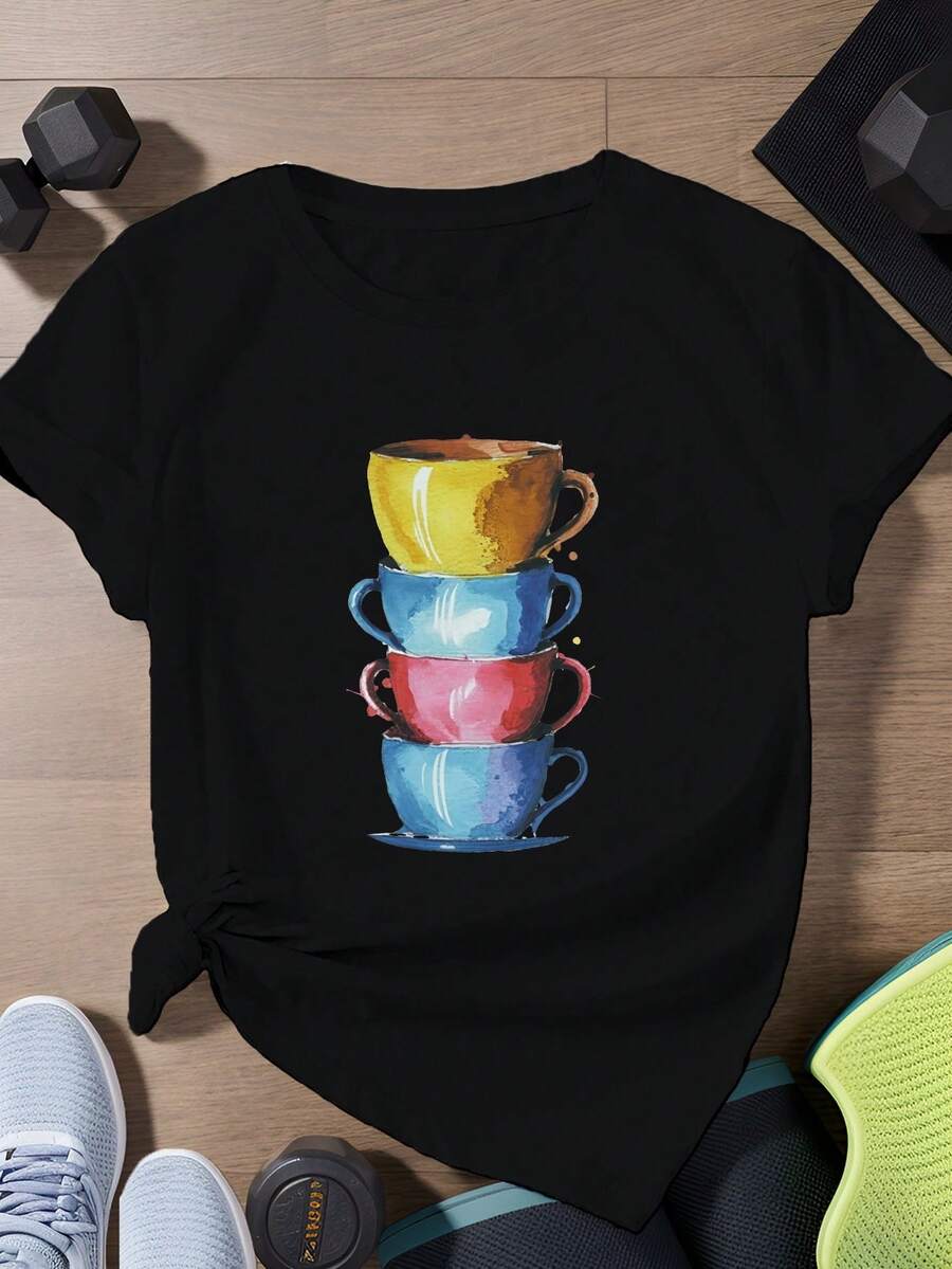 Women's Short-Sleeved Sports T-Shirts With Coffee Cups - 黑色 - 查看 1