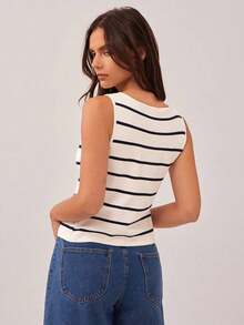 Top sin mangas ajustado con cuello de barco, botones frontales y bajo con abertura, a rayas, estilo campestre y vaquero, para atuendo de Nashville - Azul y blanco - Ver 5