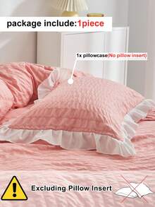1pc Soft Pink Bubble Gauze Pillowcase, White Ruffle Edge Cute Romantic Pleated Texture Decorative Throw Pillow Cover, Breathable & Machine Washable, No Filling Included - Pink - View 4